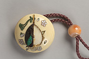 Case (Inrō) with Design of Woman in Building Looking at a Stag (obverse); Two Men By a River with Rocks and Waterfall (reverse), Ivory, blue, green, yellow and red enamels, ebony lid and bottom; Interior: red lacquer, Japan