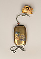 Inrō with the Noh Play Dōjōji (obverse) and Flowering Cherry Tree (reverse), Four cases; lacquered wood with gold, silver, color hiramaki-e, togidashimaki-e on gold ground
Netsuke: treasure ship with seven gods of good fortune; ivory
Ojime: wood bead, Japan