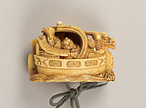 Inrō with the Noh Play Dōjōji (obverse) and Flowering Cherry Tree (reverse), Four cases; lacquered wood with gold, silver, color hiramaki-e, togidashimaki-e on gold ground
Netsuke: treasure ship with seven gods of good fortune; ivory
Ojime: wood bead, Japan