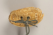 Inrō with the Noh Play Dōjōji (obverse) and Flowering Cherry Tree (reverse), Four cases; lacquered wood with gold, silver, color hiramaki-e, togidashimaki-e on gold ground
Netsuke: treasure ship with seven gods of good fortune; ivory
Ojime: wood bead, Japan