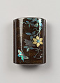 Case (Inrō) with Design of Butterflies in Flight above Flowering Clematis, Lacquer, roiro, nashiji, gold foil, aogai inlay; Interior: red lacquer, nashiji and fundame, Japan