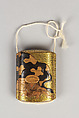 Case (Inrō) with Design of Herd Boy Wearing Hat beside Piebald Ox, Lacquer, hirame ground, light brown, brown and black hiramakie, eye raden; Interior: nashiji and fundame, Japan