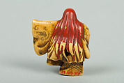 Netsuke of Noh Dancer with Long Red Hair and Peony, Ivory; decoration in gold and red lacquer; face of pink stone, Japan