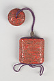 Inrō with Cranes in Plum, Bamboo and Pine, Carved red lacquerNetsuke: bird and flower; lacquer, tsuishuOjime: cricket among flowers; pierced and carved silver bead, Japan