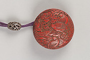 Inrō with Cranes in Plum, Bamboo and Pine, Carved red lacquerNetsuke: bird and flower; lacquer, tsuishuOjime: cricket among flowers; pierced and carved silver bead, Japan