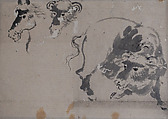 Drawing of a Bison, and Heads of a Bison and Horse, Unidentified artist, Matted drawing; ink on paper, Japan