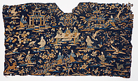Fragment with Chinoiserie figures in a garden, Silk embroidery on silk damask, China