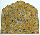 Cushion cover with medallion of longevity among flower scrolls, Silk and metal thread embroidery on silk gauze, China