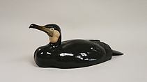 Figure of Cormorant, Tennozan Kawashima  Japanese, Pottery; natural-colored body with black glaze overall; throat buff, speckled towards beak; beak, brown; eyes, yellow-gray; underside natural color with clear glaze, Japan
