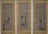 Hotei, flanked by panels of birds, After Kenkō Shōkei (Japanese, active ca. 1478–ca. 1523), Paint on paper, Japan