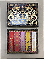 Set of pigment tablets decorated with peony, rock, and magic fungus, Pigment; (box) lacquer and silk, China