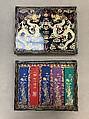 Set of pigment tablets decorated with peony, rock, and magic fungus, Pigment; (box) lacquer and silk, China