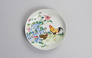 Dish with Rooster, Hen, and Chickens, Porcelain painted with colored enamel over transparent glaze (Jingdezhen ware), China