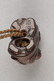 Inrō in the Shape of a Leather Tobacco Case (Tabakoire) with Flowering Plum, Attributed to Matsuda Sukenaga (Japanese, 1800–1871), Inrō: carved wood with lacquer imitating leather; gilded metal clasp; ojime: patinated metal bead; netsuke: Chinese boy (karako) with mask on shishi lion; carved wood, Japan
