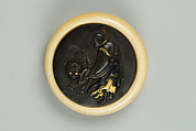 Netsuke of Luohan with a Tiger, Ivory with metal disc, Japan