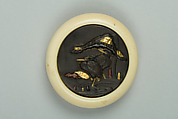 Netsuke of Cranes in a Lotus Pond, Ivory with metal disc, Japan