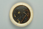 Netsuke of Peonies, Ivory with metal disc, Japan