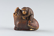 Netsuke of Monkey Attacking a Boar, Ivory-stained brown, Japan
