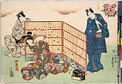 Evening Snow (Bo-setsu), from the series, "Eight Figural Views" (Sugata Hakkei), Utagawa Kunisada (Japanese, 1786–1864), Polychrome woodblock print, Japan