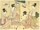 Spirit Summoner; Wild Geese Returning Home (Maboroshi; Rakugan) (right) and A Thin Veil of Clouds; Clearing Weather (Usugumo; Seiran) (left), from the series Eight Views of The Tale of Genji in the Floating World (Ukiyo Genji hakkei), Chōbunsai Eishi Japanese, Diptych of woodblock prints; ink and color on paper, Japan