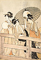 Enjoying the Cool Evening Breeze on and under the Bridge, Kitagawa Utamaro (Japanese, ca. 1754–1806), Three sheets of a hexaptych of woodblock prints; ink and color on paper, Japan