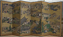Essays in Idleness (Tsurezuregusa), Unidentified artist, Pair of six-panel folding screens; ink, colors, and gold on paper, Japan