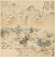 Evening Bell from a Mist-Enshrouded Temple, from Eight Views of Xiao and Xiang, Liu Yanchong (Chinese, 1808–1847), Album of eight leaves; ink and color on paper, China