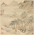 Evening Bell from a Mist-Enshrouded Temple, from Eight Views of Xiao and Xiang, Liu Yanchong (Chinese, 1808–1847), Album of eight leaves; ink and color on paper, China