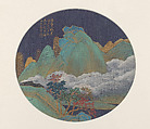 Landscape in the style of Yang Sheng, Wu Guxiang Chinese, Fan mounted as an album leaf; ink, color, and gold on silk, China