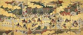 Battle of the Carriages (Kuruma arasoi-zu byōbu), Pair of six-panel folding screens; ink, color, and gold on paper, Japan