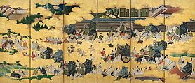 Battle of the Carriages (Kuruma arasoi-zu byōbu), Pair of six-panel folding screens; ink, color, and gold on paper, Japan