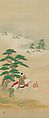 Murasaki Shikibu, Genji at Suma, and Genji at Akashi (Murasaki Shikibu, Suma, Akashi zu), Tosa Mitsunari (Japanese, 1646–1710), Triptych of hanging scrolls; ink and color on silk, Japan