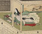 Murasaki Shikibu Gazing at the Moon (Murasaki Shikibu kangetsu zu), Kiyohara Yukinobu (Japanese, 1643–1682), Hanging scroll; ink and color on silk, Japan