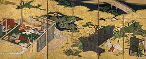 Little Purple Gromwell (Wakamurasaki), and A Boat Cast Adrift (Ukifune) Chapters from The Tale of Genji, Kano School (Japanese, 1476–1559), Pair of six panel folding screens; ink, color, and gold on paper, Japan