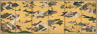 Nine Scenes from The Tale of Genji and An Aviary (Genji monogatari zu byōbu; Toriya zu byōbu), Tosa School, Pair of six-panel folding screens; ink, color, and gold on paper, Japan