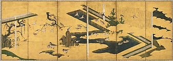 Nine Scenes from The Tale of Genji and An Aviary (Genji monogatari zu byōbu; Toriya zu byōbu), Tosa School, Pair of six-panel folding screens; ink, color, and gold on paper, Japan