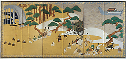 “Channel Markers” (Miotsukushi) and “The Barrier Gate” (Sekiya), Tawaraya Sōtatsu (Japanese, ca. 1570–ca. 1640), Pair of six-panel folding screens; ink, color, and gold on paper, Japan