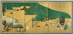 “Channel Markers” (Miotsukushi) and “The Barrier Gate” (Sekiya), Tawaraya Sōtatsu (Japanese, ca. 1570–ca. 1640), Pair of six-panel folding screens; ink, color, and gold on paper, Japan
