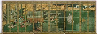 “First Song of Spring” (Hatsune) and “Early Spring Greens: Part 1” (Wakana jō), Tosa Mitsuoki (Japanese, 1617–1691), Pair of six-panel folding screens; ink, color, and gold on paper; silk fabric strips, Japan
