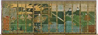 “First Song of Spring” (Hatsune) and “Early Spring Greens: Part 1” (Wakana jō), Tosa Mitsuoki (Japanese, 1617–1691), Pair of six-panel folding screens; ink, color, and gold on paper; silk fabric strips, Japan