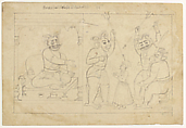 Hiranyakashipu commands his demon warriors to threaten and injure Prahlada. Preparatory drawing from the ‘Small Bhagavata Purana’ Series, Manaku Indian, Brush drawing on paper, India, Guler, Himachal Pradesh
