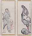 Monkey on a Rock; Monkey Trainer with Chinese Children and Puppy, Nagasawa Rosetsu (Japanese, 1754–1799), Pair of hanging scrolls; ink and color on paper, Japan