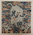 Rank badge with a pair of tiger-leopards, Silk and metallic thread embroidery on silk satin damask, Korea