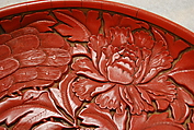 Dish with peafowls and peonies, Carved red lacquer, China