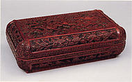 Rectangular box with double dragons, Carved red, black, yellow, and green lacquer, China