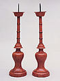 Pair of Negoro Lacquer Candlesticks, Wood with black and red lacquer (Negoro ware), Japan