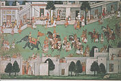 Marriage procession in a bazaar; from a Ramayana or Bhagavata Purana series, Opaque watercolor and gold on paper, India, Mandi, Himachal Pradesh