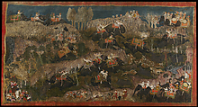 Shri Brijnathji and Maharao Durjan Sal hunting, Opaque watercolor and gold on cotton cloth, India, Rajasthan, Kota