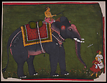 Rao Bhao Singh Riding an Elephant, Opaque watercolor, gold and silver on paper, India, Rajasthan, Bundi