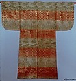 Noh Robe (Karaori) with Pattern of Bamboo and Young Pines on Bands of Red and White, Silk twill weave with resist-dyed warps and supplementary weft patterning (karaori), Japan